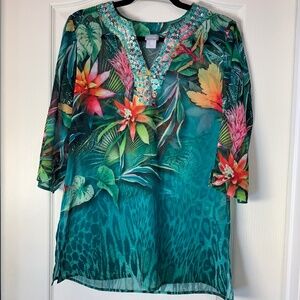 Chico’s Tropical Resort Blouse Embellished V-Neck Sheer Tunic 3/4 Sleeve